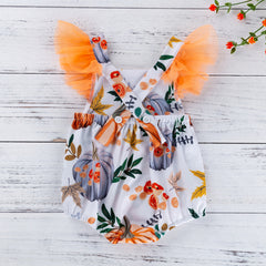 Cute Baby Girl Halloween Printed Pumpkin Cotton Bodysuit Fashion Flutter Sleeve Back Cross Bodysuit