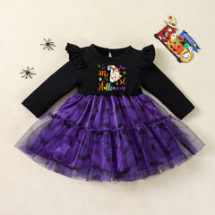 Halloween Girls' Dress with Flutter Sleeves, Black and Purple Tulle, Ghost and Bat Print, Party Costume, Cute Performance Outfit