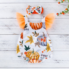 Cute Baby Girl Halloween Printed Pumpkin Cotton Bodysuit Fashion Flutter Sleeve Back Cross Bodysuit