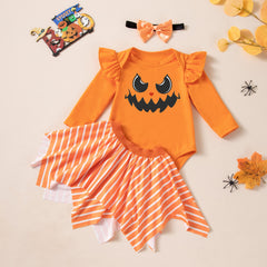 Halloween Baby Girl Outfit Set Colorful Pumpkin Print Long Sleeve Romper Skirt 3-Piece Set