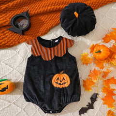 Baby Velvet Sleeveless Bodysuit with Embroidered Pumpkin Hat Halloween Costume Baby One-Piece Outfit