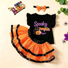 Halloween Kids Costume Set with Flutter Sleeve T-Shirt, Skirt, Ghost Print Festival Party Outfit