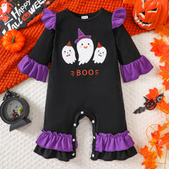 Infant Halloween Romper with Ruffle Ghost Deer Embroidery Long Sleeve Onesie Baby Outerwear Crawling Suit
