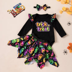 Halloween Baby Girl Outfit Set Colorful Pumpkin Print Long Sleeve Romper Skirt 3-Piece Set