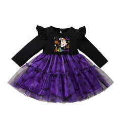 Halloween Girls' Dress with Flutter Sleeves, Black and Purple Tulle, Ghost and Bat Print, Party Costume, Cute Performance Outfit