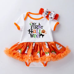 Halloween Baby Party Outfit Printed Pumpkin Short Sleeve Romper Dress with Hair Accessories 2-Piece Set Infant Onesie Dress