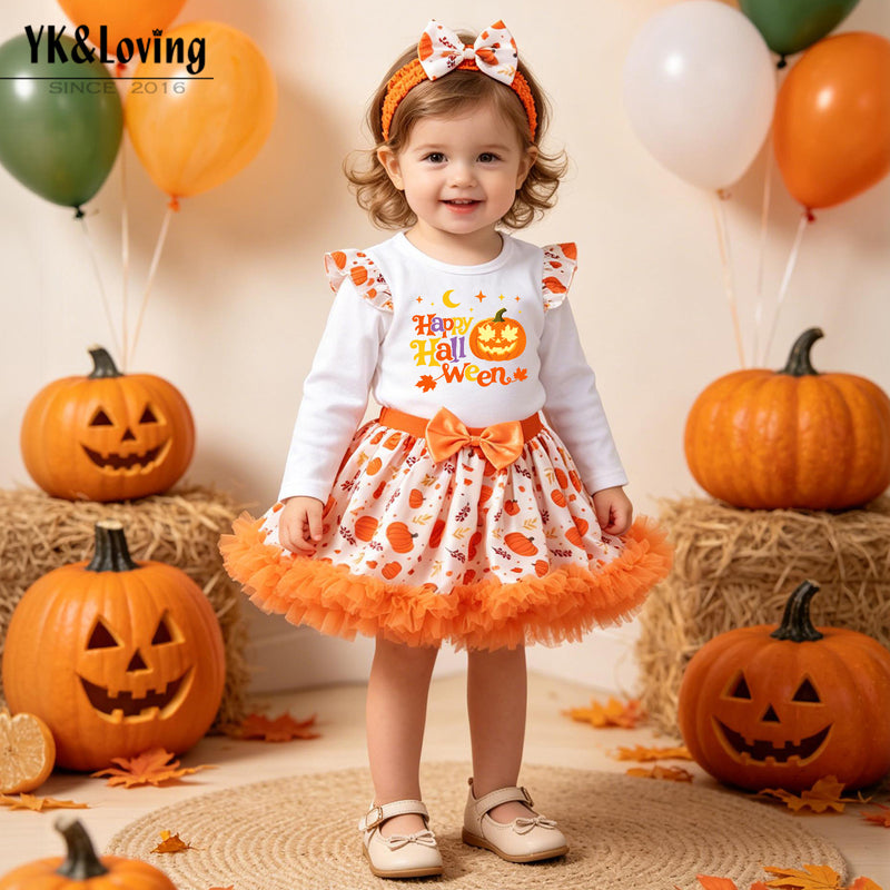 Girls' Halloween Long Sleeve Printed Pumpkin T-Shirt, Satin Skirt, Headband 3-Piece Set for Kids Party Outfit