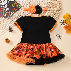 Halloween Baby Outfit Cartoon Pumpkin Tulle Romper Dress 2-Piece Set Baby Party Costume
