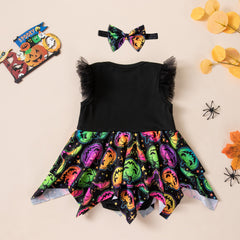Cute Baby Girl Flutter Sleeve Pumpkin Print Bodysuit Dress Halloween Theme Toddler Festival Photo Shoot Costume