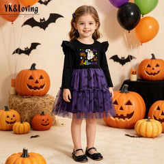 Halloween Girls' Dress with Flutter Sleeves, Black and Purple Tulle, Ghost and Bat Print, Party Costume, Cute Performance Outfit