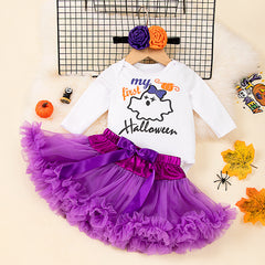 Cute Halloween Long Sleeve Romper with Purple and Orange Tutu Skirt Set for Baby Girls