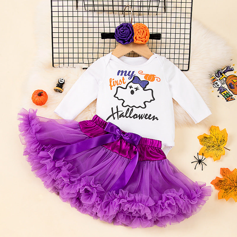 Cute Halloween Long Sleeve Romper with Purple and Orange Tutu Skirt Set for Baby Girls
