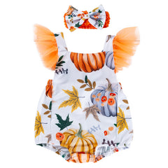 Cute Baby Girl Halloween Printed Pumpkin Cotton Bodysuit Fashion Flutter Sleeve Back Cross Bodysuit