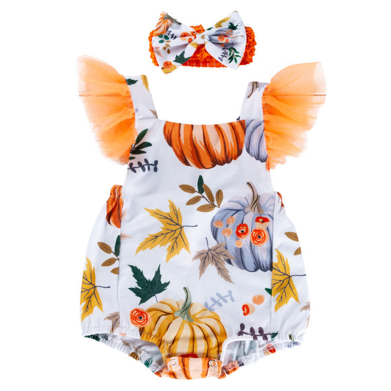 Cute Baby Girl Halloween Printed Pumpkin Cotton Bodysuit Fashion Flutter Sleeve Back Cross Bodysuit