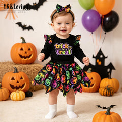 Halloween Baby Girl Outfit Set Colorful Pumpkin Print Long Sleeve Romper Skirt 3-Piece Set