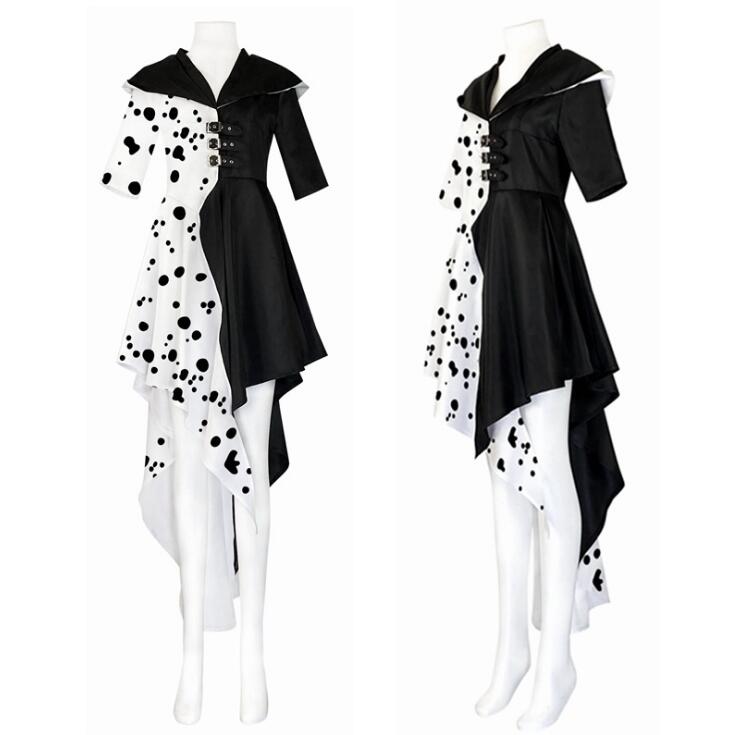 Halloween Cruella Costume Cosplay Evil Queen Black White Coat Evening Party Dress Fashion Emma Magic Performance Oufit