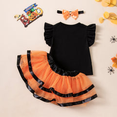 Halloween Kids Costume Set with Flutter Sleeve T-Shirt, Skirt, Ghost Print Festival Party Outfit