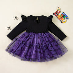 Halloween Girls' Dress with Flutter Sleeves, Black and Purple Tulle, Ghost and Bat Print, Party Costume, Cute Performance Outfit