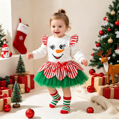 Children's Christmas Set: Snowman Print Striped Flutter Sleeve Top with Tulle Skirt, Festive Outfit for Girls, Two-Piece Set