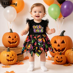 Cute Baby Girl Flutter Sleeve Pumpkin Print Bodysuit Dress Halloween Theme Toddler Festival Photo Shoot Costume