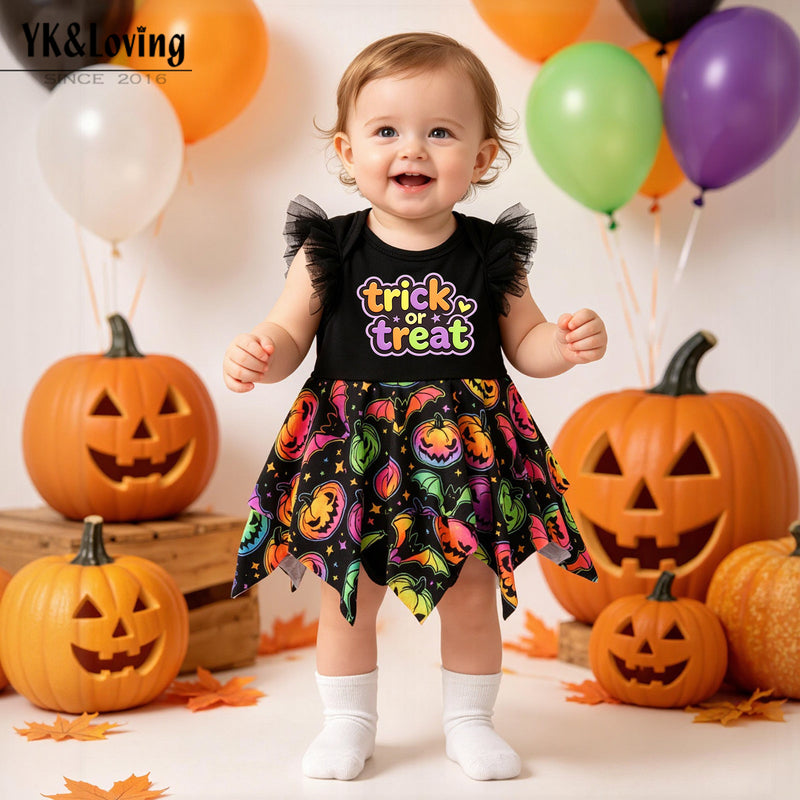 Cute Baby Girl Flutter Sleeve Pumpkin Print Bodysuit Dress Halloween Theme Toddler Festival Photo Shoot Costume