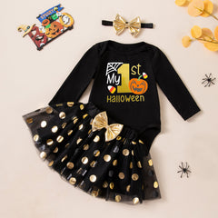 Cute Baby Halloween Long Sleeve Bodysuit with Gold Polka Dot Mesh Skirt, Headband, Pumpkin Socks Set - 4-Piece Outfit