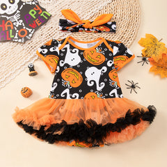 Halloween Baby Outfit Cartoon Pumpkin Tulle Romper Dress 2-Piece Set Baby Party Costume