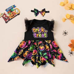 Cute Baby Girl Flutter Sleeve Pumpkin Print Bodysuit Dress Halloween Theme Toddler Festival Photo Shoot Costume