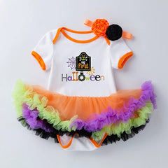 Halloween Baby Party Outfit Printed Pumpkin Short Sleeve Romper Dress with Hair Accessories 2-Piece Set Infant Onesie Dress