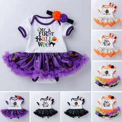 Halloween Baby Party Outfit Printed Pumpkin Short Sleeve Romper Dress with Hair Accessories 2-Piece Set Infant Onesie Dress