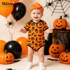 Halloween Baby Onesie Printed Short Sleeve Romper with Accessories 2-Piece Set Newborn Baby Party Outfit
