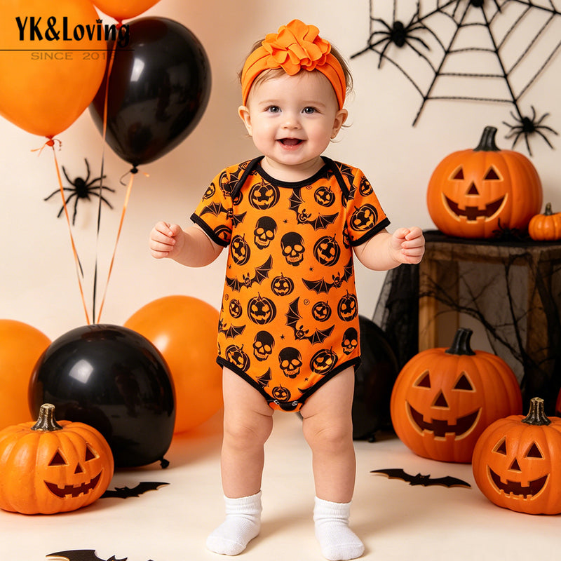 Halloween Baby Onesie Printed Short Sleeve Romper with Accessories 2-Piece Set Newborn Baby Party Outfit