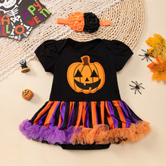 Halloween Baby Outfit Cartoon Pumpkin Tulle Romper Dress 2-Piece Set Baby Party Costume