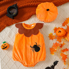 Baby Velvet Sleeveless Bodysuit with Embroidered Pumpkin Hat Halloween Costume Baby One-Piece Outfit