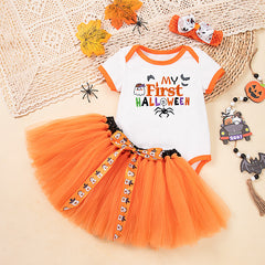 Baby Halloween Costume Cotton Short Sleeve Embroidered Witch Hat Pumpkin Romper Bowknot Handmade Set