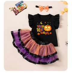 Halloween Kids Costume Set with Flutter Sleeve T-Shirt, Skirt, Ghost Print Festival Party Outfit