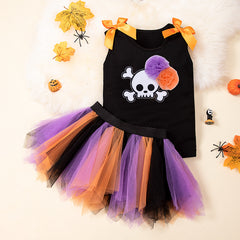Halloween Kids Outfit 2-7 Years Girls Pumpkin Skull Vest T-Shirt &amp; Cape Skirt Set