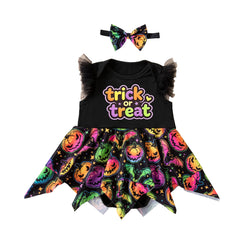 Cute Baby Girl Flutter Sleeve Pumpkin Print Bodysuit Dress Halloween Theme Toddler Festival Photo Shoot Costume