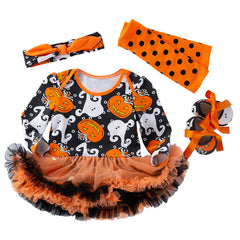 Cute Long Sleeve Romper Dress for Baby Girls, Halloween Pumpkin Outfit, 4-Piece Set