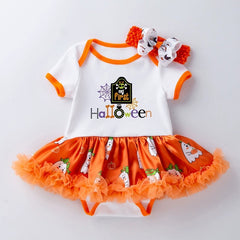 Halloween Baby Party Outfit Printed Pumpkin Short Sleeve Romper Dress with Hair Accessories 2-Piece Set Infant Onesie Dress