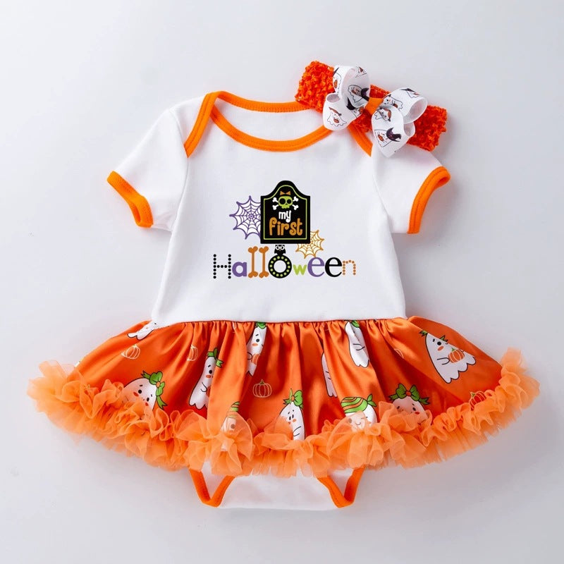 Halloween Baby Party Outfit Printed Pumpkin Short Sleeve Romper Dress with Hair Accessories 2-Piece Set Infant Onesie Dress
