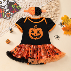 Halloween Baby Outfit Cartoon Pumpkin Tulle Romper Dress 2-Piece Set Baby Party Costume