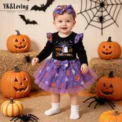 Cute Halloween Baby Girl Outfit Long Sleeve Romper with Ghost and Pumpkin Print, Skirt and Socks Set