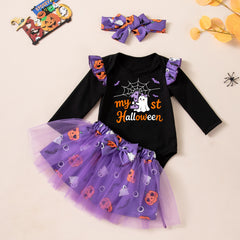 Cute Halloween Baby Girl Outfit Long Sleeve Romper with Ghost and Pumpkin Print, Skirt and Socks Set