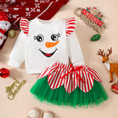 Children's Christmas Set: Snowman Print Striped Flutter Sleeve Top with Tulle Skirt, Festive Outfit for Girls, Two-Piece Set