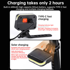 USB/Solar Rechargeable Bike Tail Light - 5 Modes LED COB Safety Warning Light for Night Cycling Accessories
