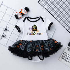 Halloween Baby Party Outfit Printed Pumpkin Short Sleeve Romper Dress with Hair Accessories 2-Piece Set Infant Onesie Dress