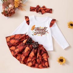 Halloween Maple Leaf Long Sleeve T-Shirt Set for Girls, Satin Maple Leaf Skirt with Headband, Thanksgiving Baby Party Outfit