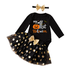 Cute Baby Halloween Long Sleeve Bodysuit with Gold Polka Dot Mesh Skirt, Headband, Pumpkin Socks Set - 4-Piece Outfit