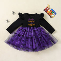 Halloween Girls' Dress with Flutter Sleeves, Black and Purple Tulle, Ghost and Bat Print, Party Costume, Cute Performance Outfit